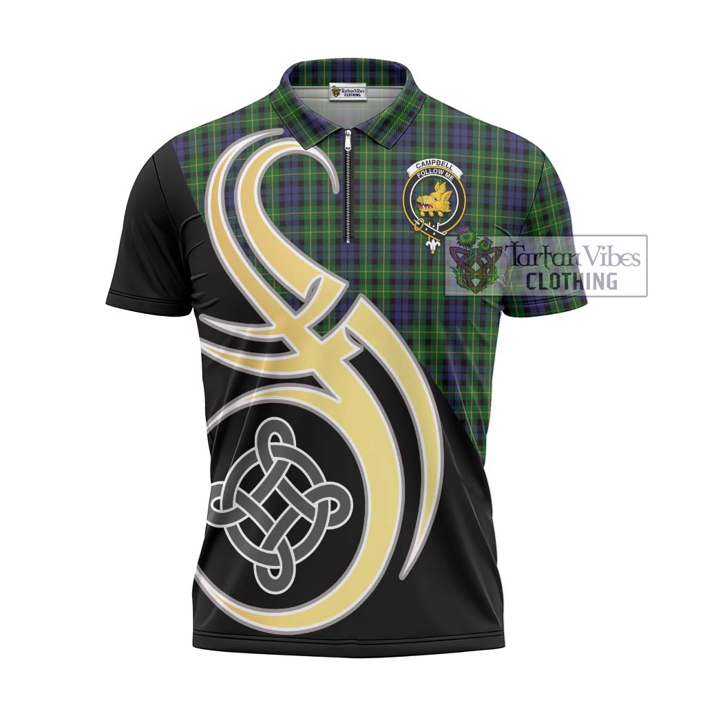 Tartan Vibes Clothing Campbell of Breadalbane Tartan Zipper Polo Shirt with Family Crest and Celtic Symbol Style