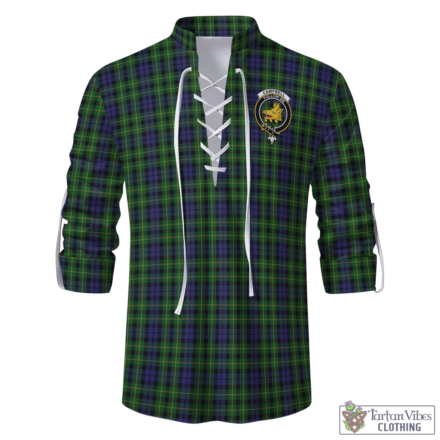 Tartan Vibes Clothing Campbell of Breadalbane Tartan Men's Scottish Traditional Jacobite Ghillie Kilt Shirt with Family Crest