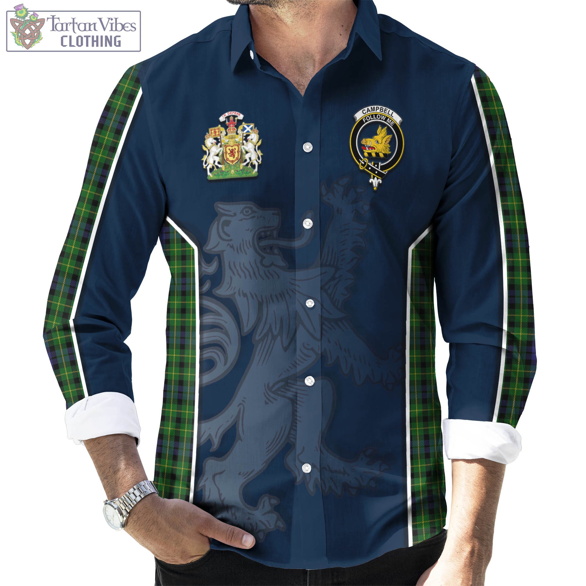 Tartan Vibes Clothing Campbell of Breadalbane Tartan Long Sleeve Button Up Shirt with Family Crest and Lion Rampant Vibes Sport Style