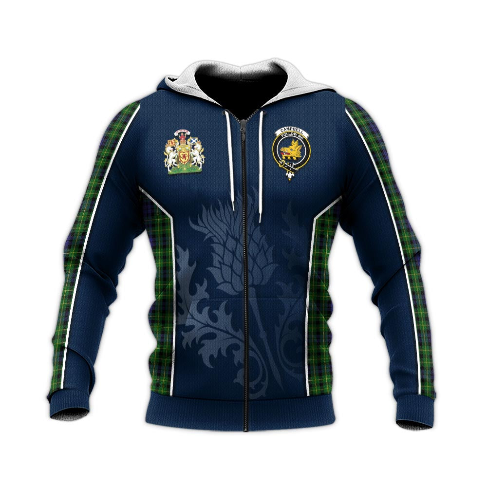 Tartan Vibes Clothing Campbell of Breadalbane Tartan Knitted Hoodie with Family Crest and Scottish Thistle Vibes Sport Style