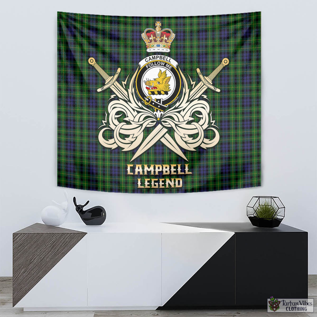 Tartan Vibes Clothing Campbell of Breadalbane Tartan Tapestry with Clan Crest and the Golden Sword of Courageous Legacy