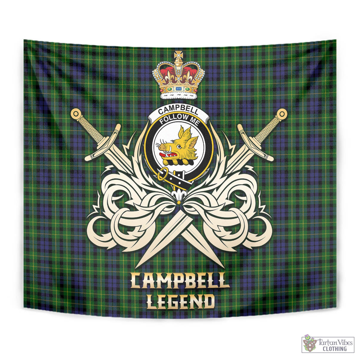 Tartan Vibes Clothing Campbell of Breadalbane Tartan Tapestry with Clan Crest and the Golden Sword of Courageous Legacy