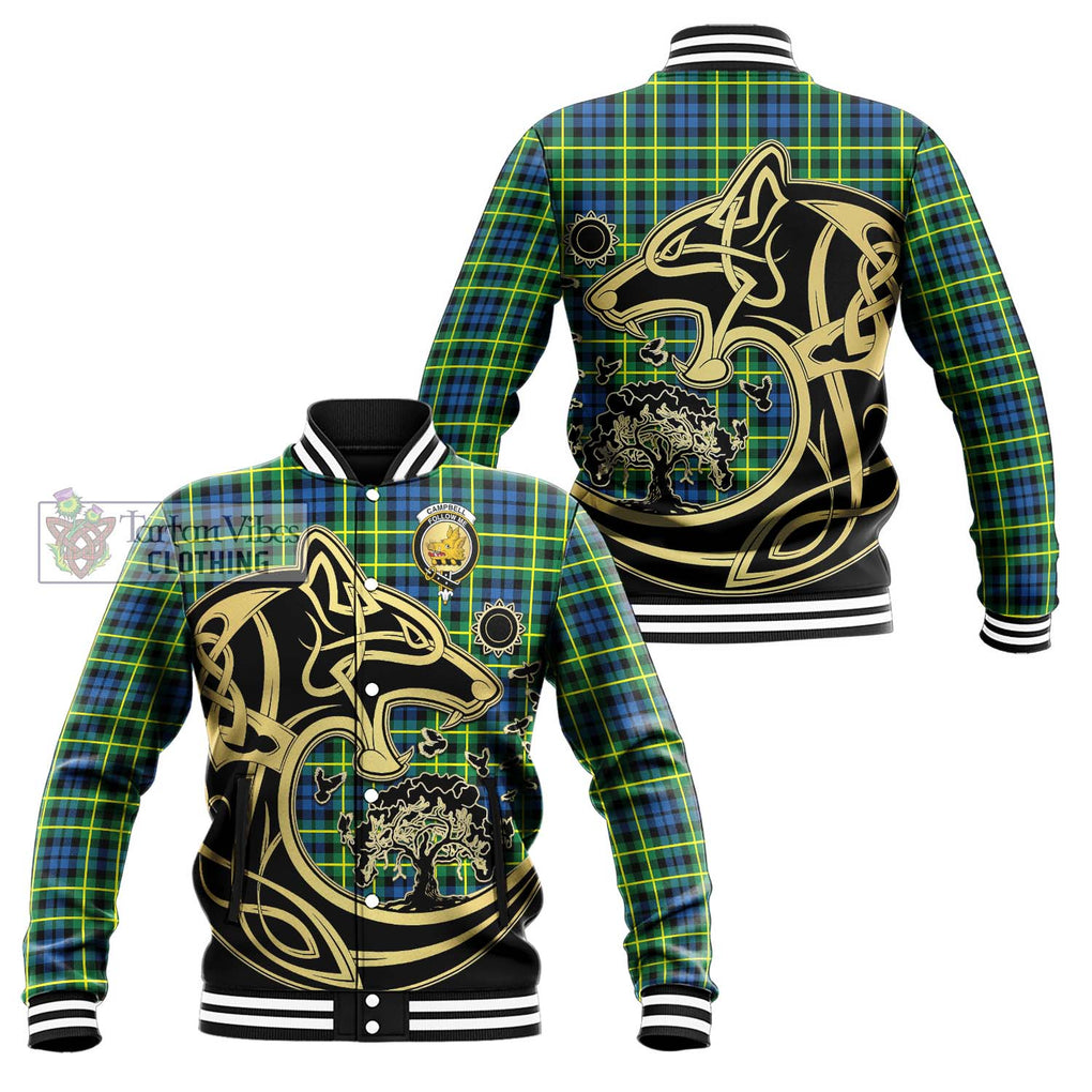 Campbell of Breadalbane Ancient Tartan Baseball Jacket with Family Crest Celtic Wolf Style Unisex - Tartan Vibes Clothing