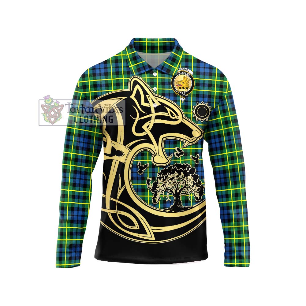 Campbell of Breadalbane Ancient Tartan Long Sleeve Polo Shirt with Family Crest Celtic Wolf Style Unisex - Tartanvibesclothing Shop