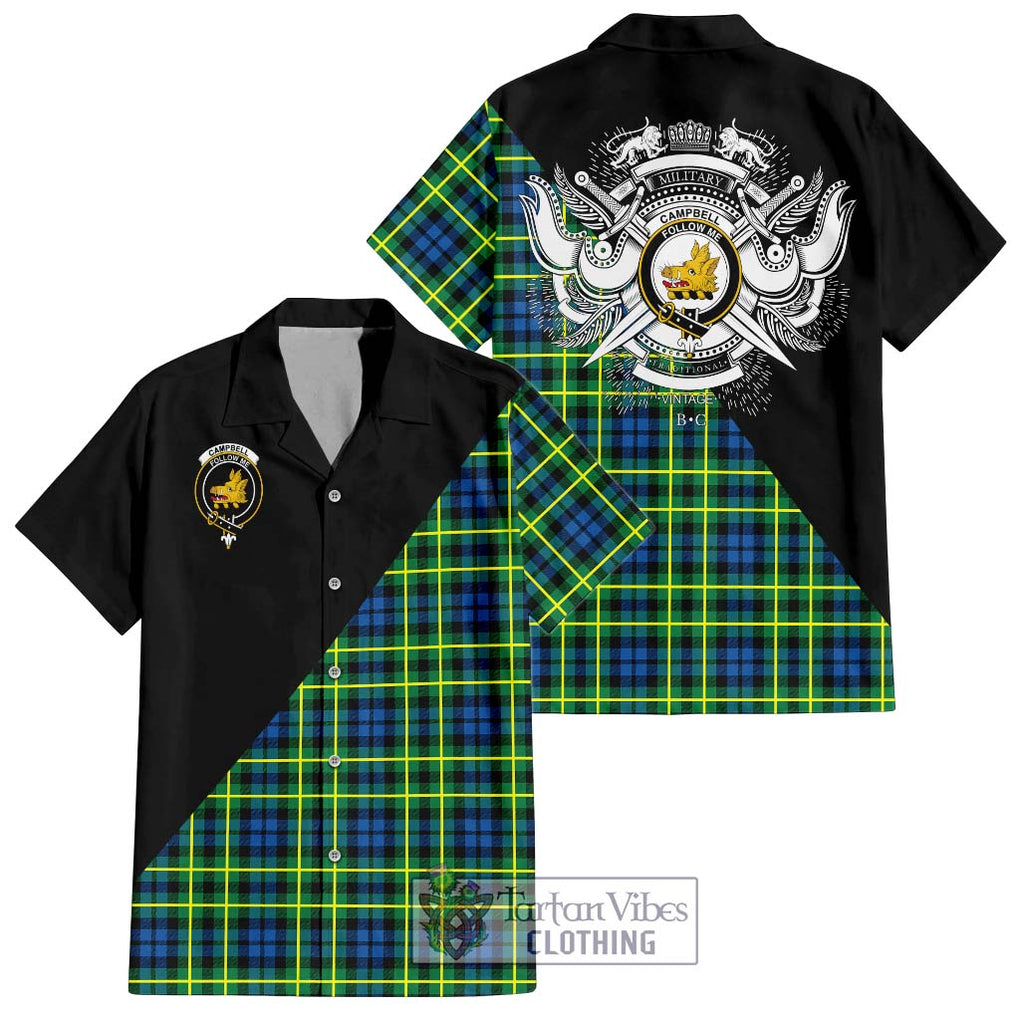 Campbell of Breadalbane Ancient Tartan Short Sleeve Button Shirt with Family Crest and Military Logo Style Kid - Tartanvibesclothing Shop