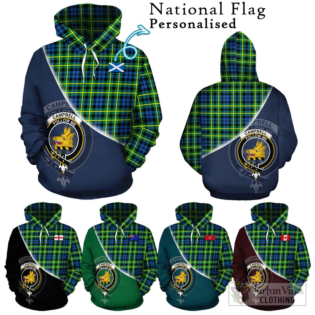 Campbell of Breadalbane Ancient Tartan Hoodie with Personalised National Flag and Family Crest Half Style Zip Hoodie - Tartanvibesclothing Shop