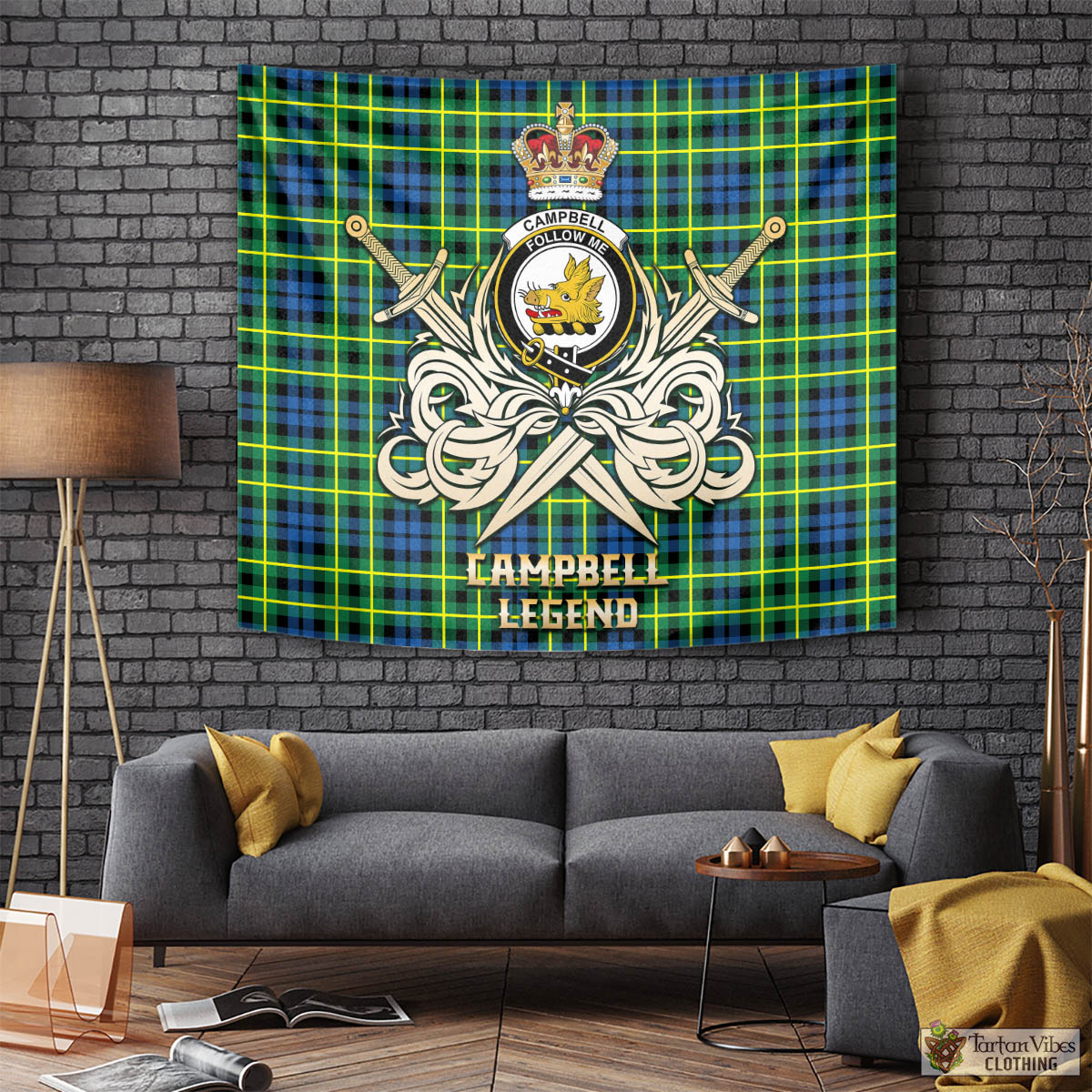 Tartan Vibes Clothing Campbell of Breadalbane Ancient Tartan Tapestry with Clan Crest and the Golden Sword of Courageous Legacy