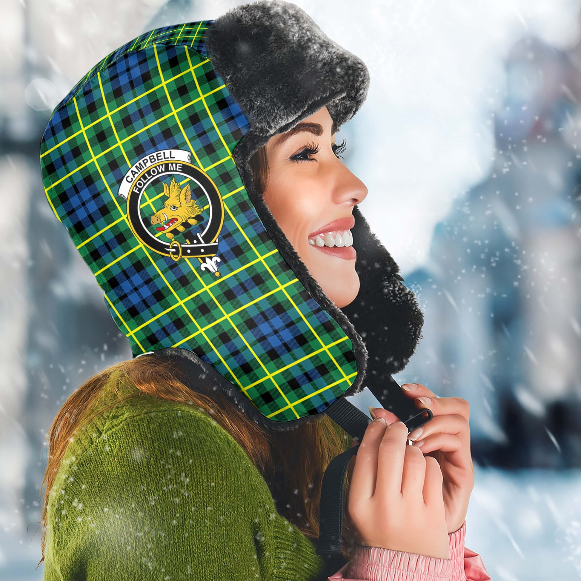 Campbell of Breadalbane Ancient Tartan Winter Trapper Hat with Family Crest Winter Trapper Hat Universal Fit Circumference 22.8in (58cm) - Tartanvibesclothing