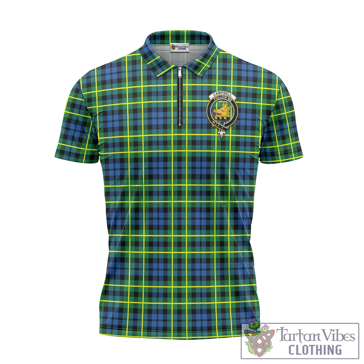 Tartan Vibes Clothing Campbell of Breadalbane Ancient Tartan Zipper Polo Shirt with Family Crest