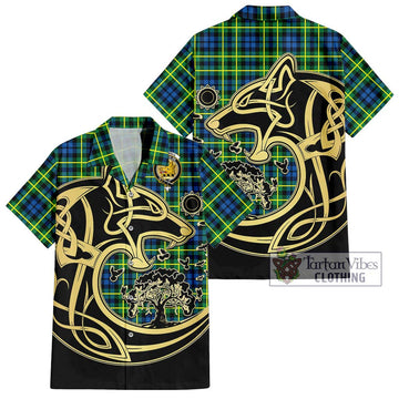 Campbell of Breadalbane Ancient Tartan Short Sleeve Button Shirt with Family Crest Celtic Wolf Style