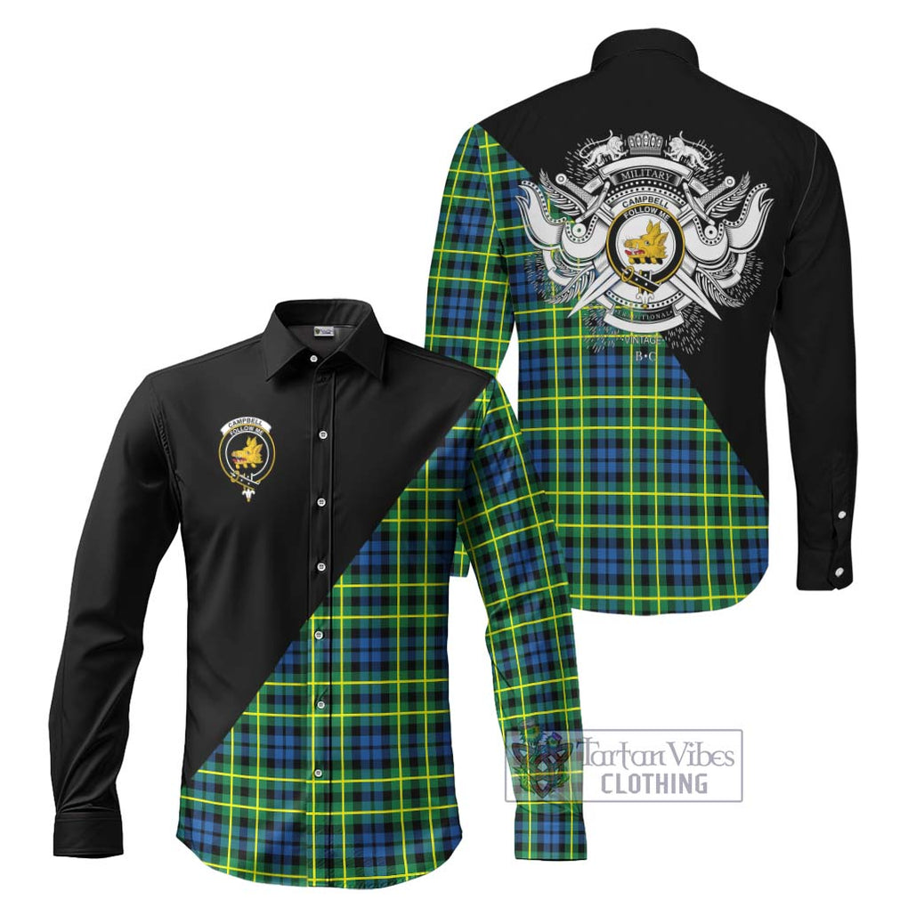 Campbell of Breadalbane Ancient Tartan Long Sleeve Button Shirt with Family Crest and Military Logo Style Men's Shirt S - Tartanvibesclothing Shop