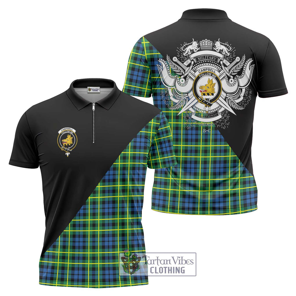 Campbell of Breadalbane Ancient Tartan Zipper Polo Shirt with Family Crest and Military Logo Style Unisex - Tartanvibesclothing Shop