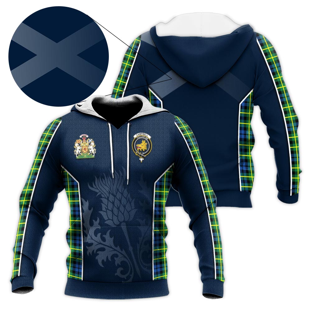 Tartan Vibes Clothing Campbell of Breadalbane Ancient Tartan Knitted Hoodie with Family Crest and Scottish Thistle Vibes Sport Style