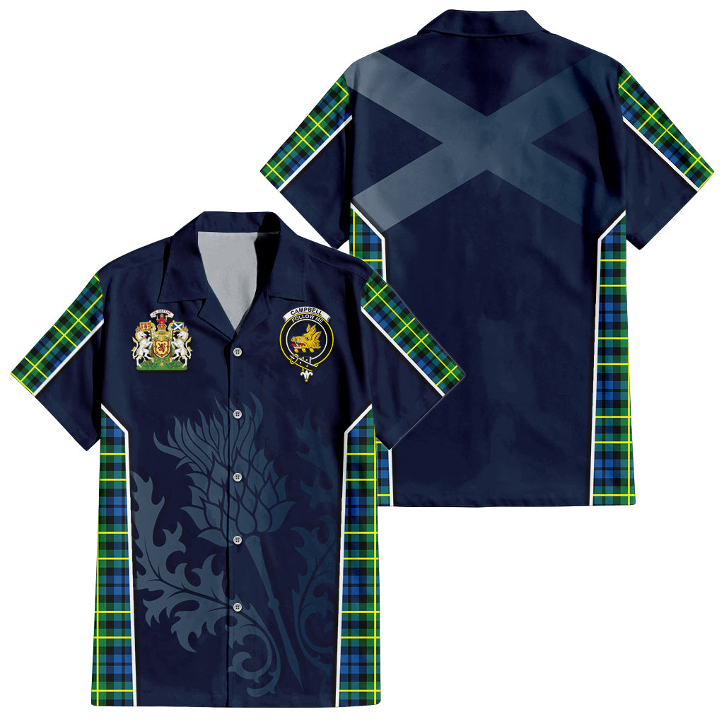 Tartan Vibes Clothing Campbell of Breadalbane Ancient Tartan Short Sleeve Button Up Shirt with Family Crest and Scottish Thistle Vibes Sport Style