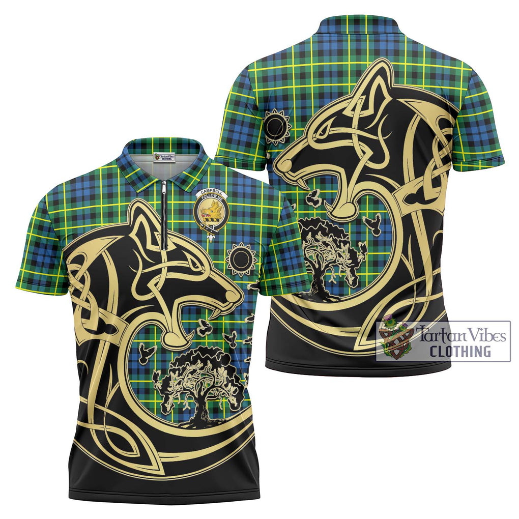 Campbell of Breadalbane Ancient Tartan Zipper Polo Shirt with Family Crest Celtic Wolf Style Unisex - Tartanvibesclothing Shop