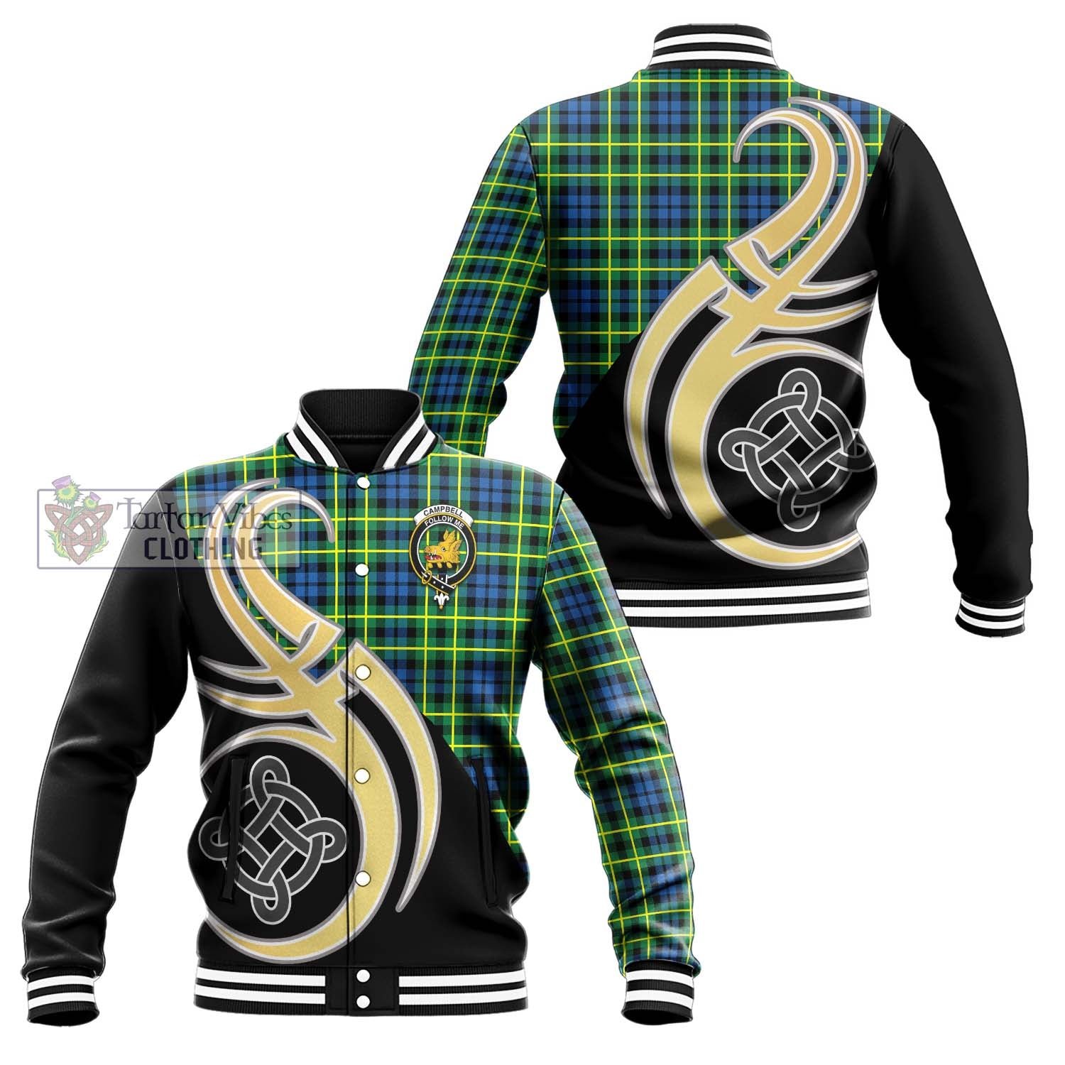 Campbell of Breadalbane Ancient Tartan Baseball Jacket with Family Crest and Celtic Symbol Style Unisex - Tartan Vibes Clothing