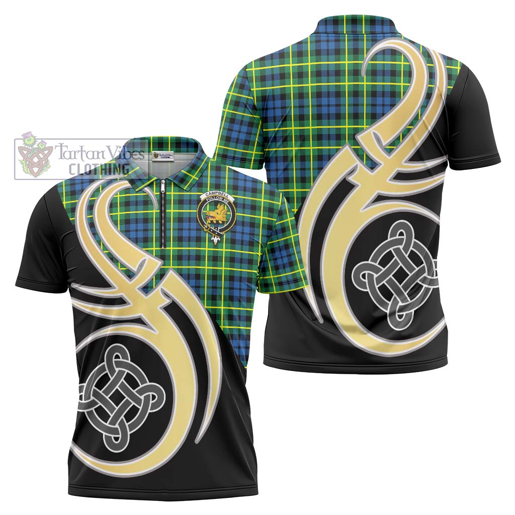 Tartan Vibes Clothing Campbell of Breadalbane Ancient Tartan Zipper Polo Shirt with Family Crest and Celtic Symbol Style