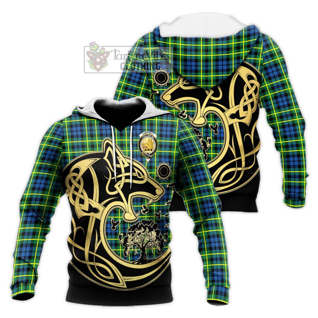 Campbell of Breadalbane Ancient Tartan Knitted Hoodie with Family Crest Celtic Wolf Style Unisex Knitted Pullover Hoodie - Tartan Vibes Clothing