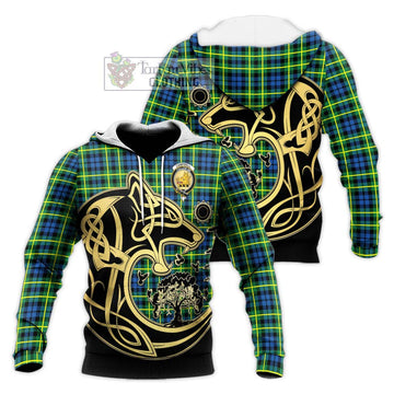 Campbell of Breadalbane Ancient Tartan Knitted Hoodie with Family Crest Celtic Wolf Style