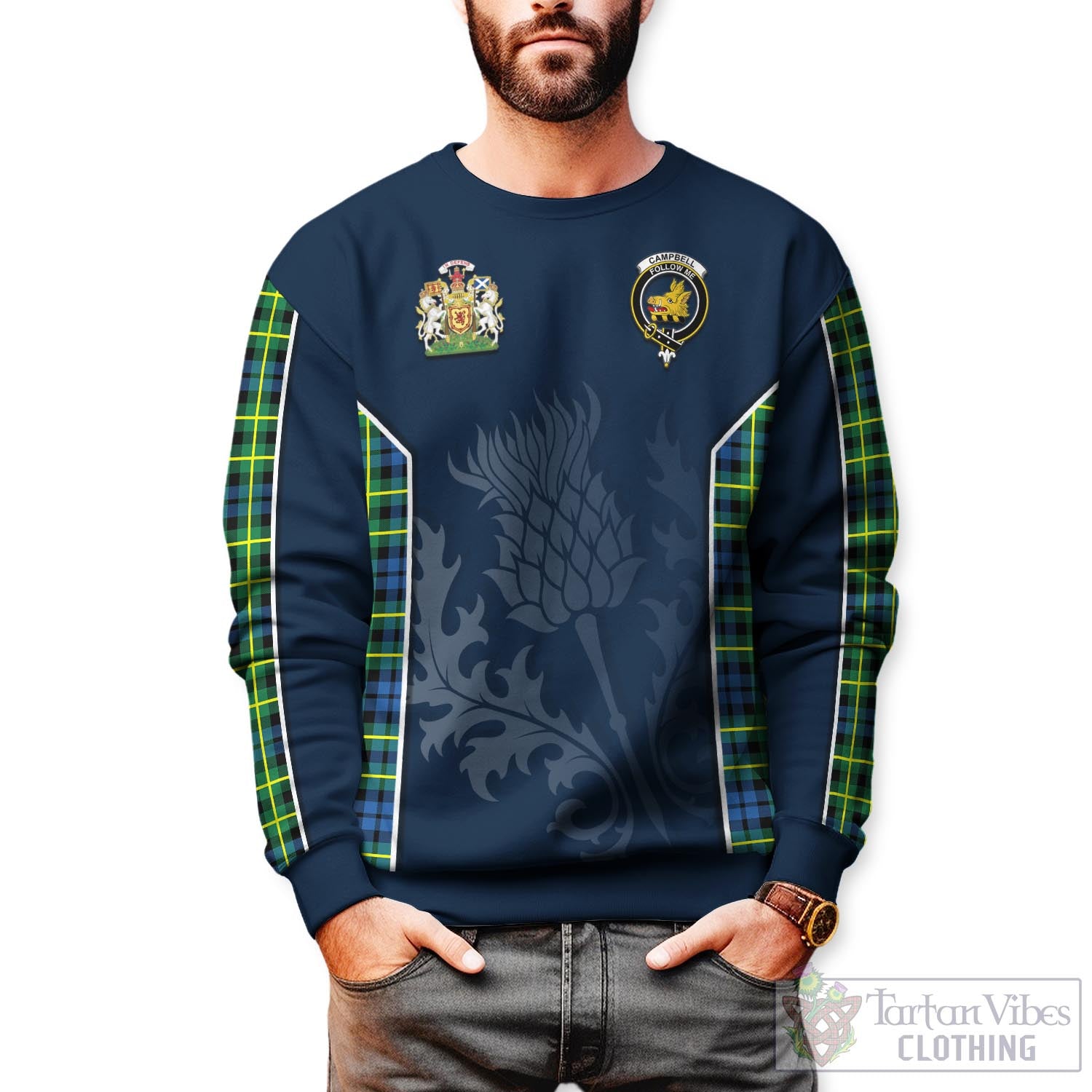 Tartan Vibes Clothing Campbell of Breadalbane Ancient Tartan Sweatshirt with Family Crest and Scottish Thistle Vibes Sport Style