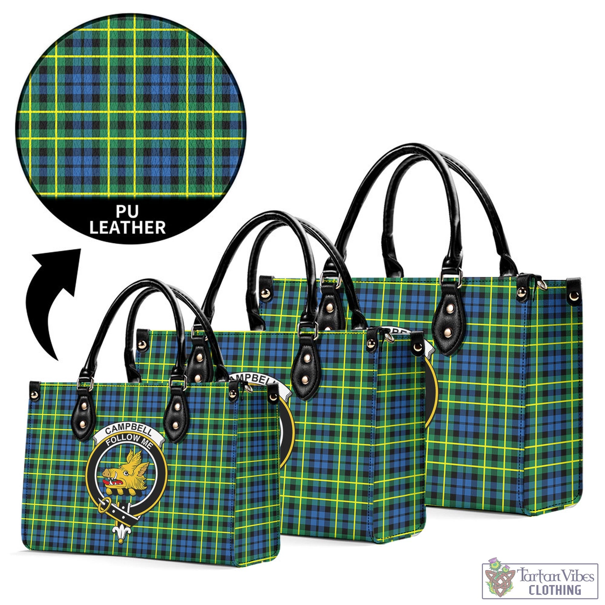 Tartan Vibes Clothing Campbell of Breadalbane Ancient Tartan Luxury Leather Handbags with Family Crest