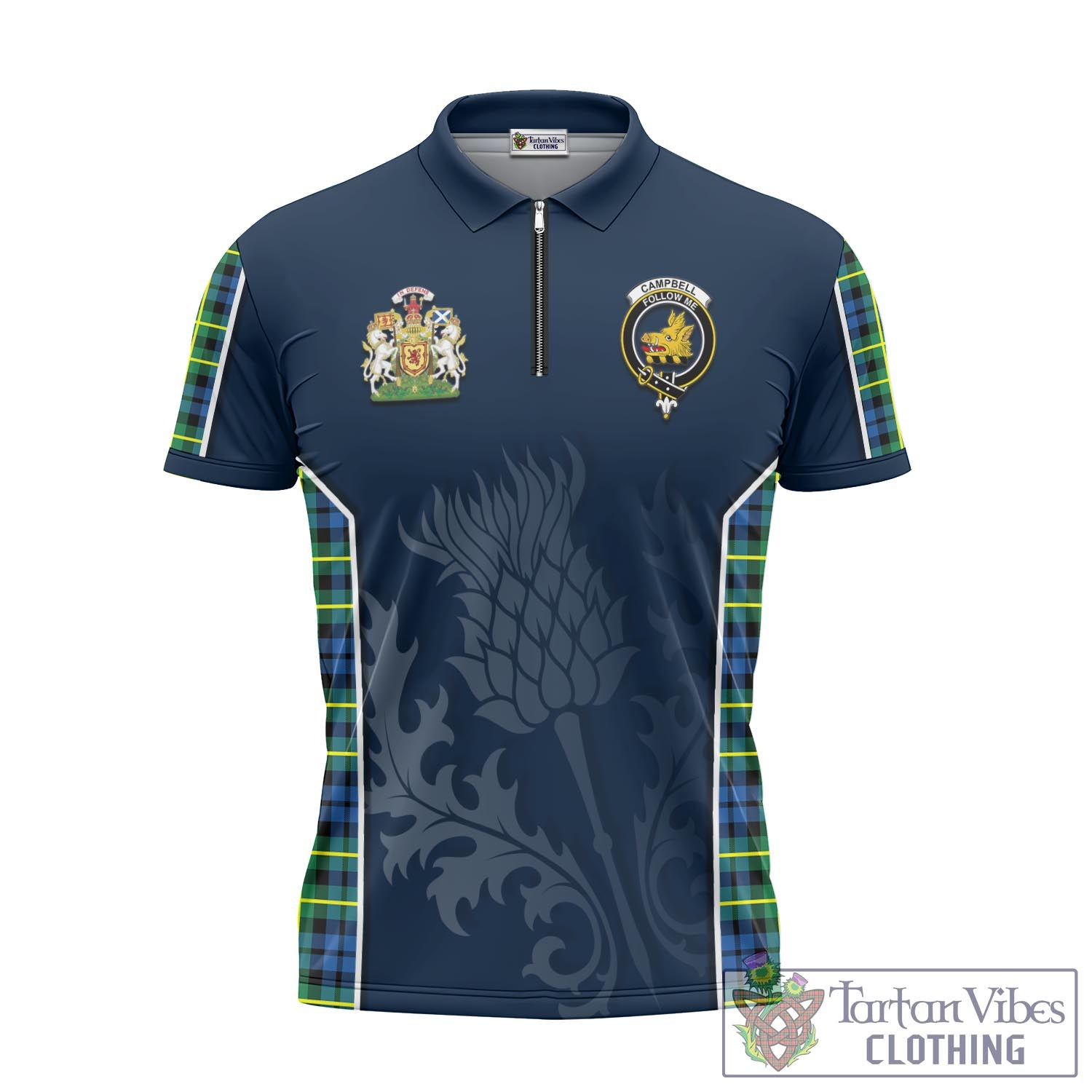 Tartan Vibes Clothing Campbell of Breadalbane Ancient Tartan Zipper Polo Shirt with Family Crest and Scottish Thistle Vibes Sport Style