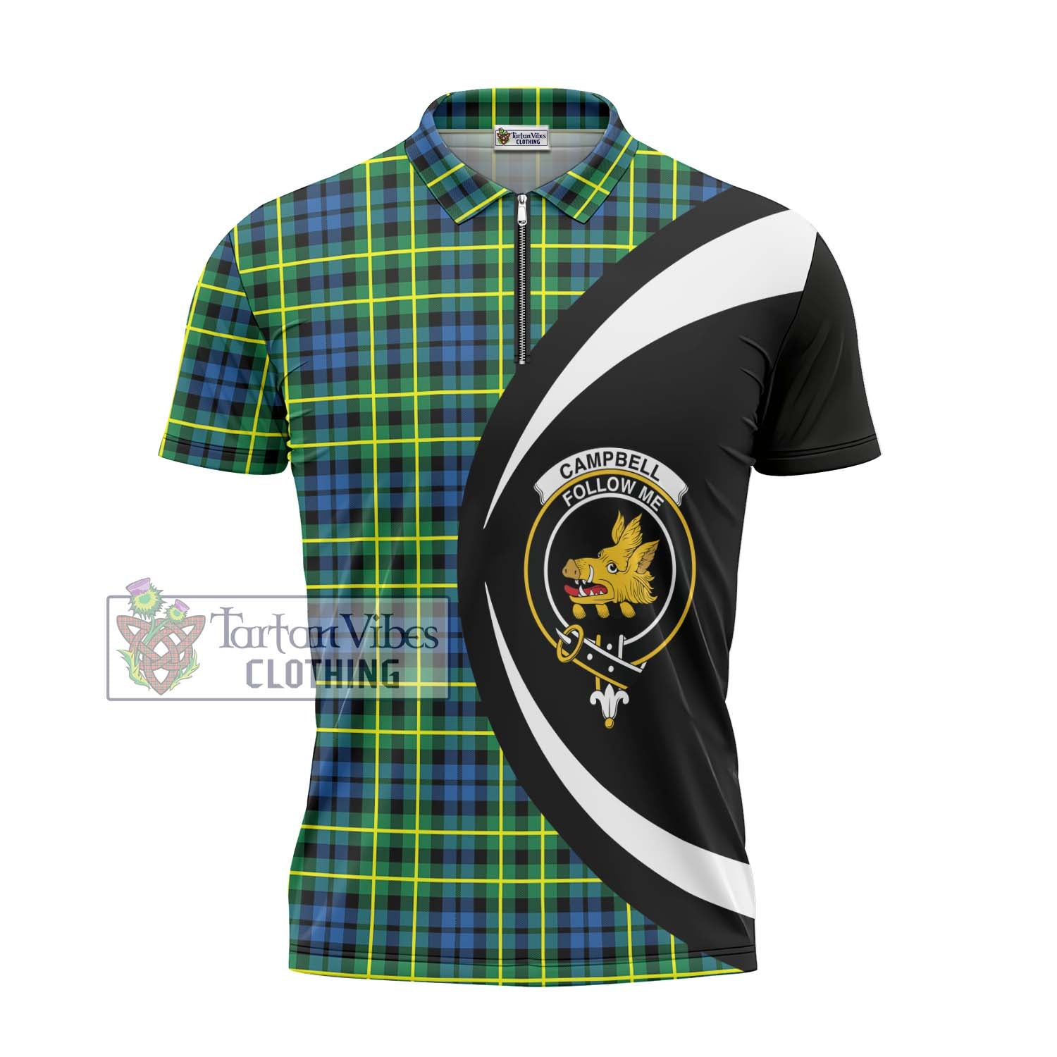 Tartan Vibes Clothing Campbell of Breadalbane Ancient Tartan Zipper Polo Shirt with Family Crest Circle Style