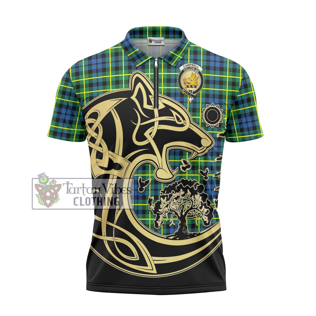 Campbell of Breadalbane Ancient Tartan Zipper Polo Shirt with Family Crest Celtic Wolf Style - Tartanvibesclothing Shop