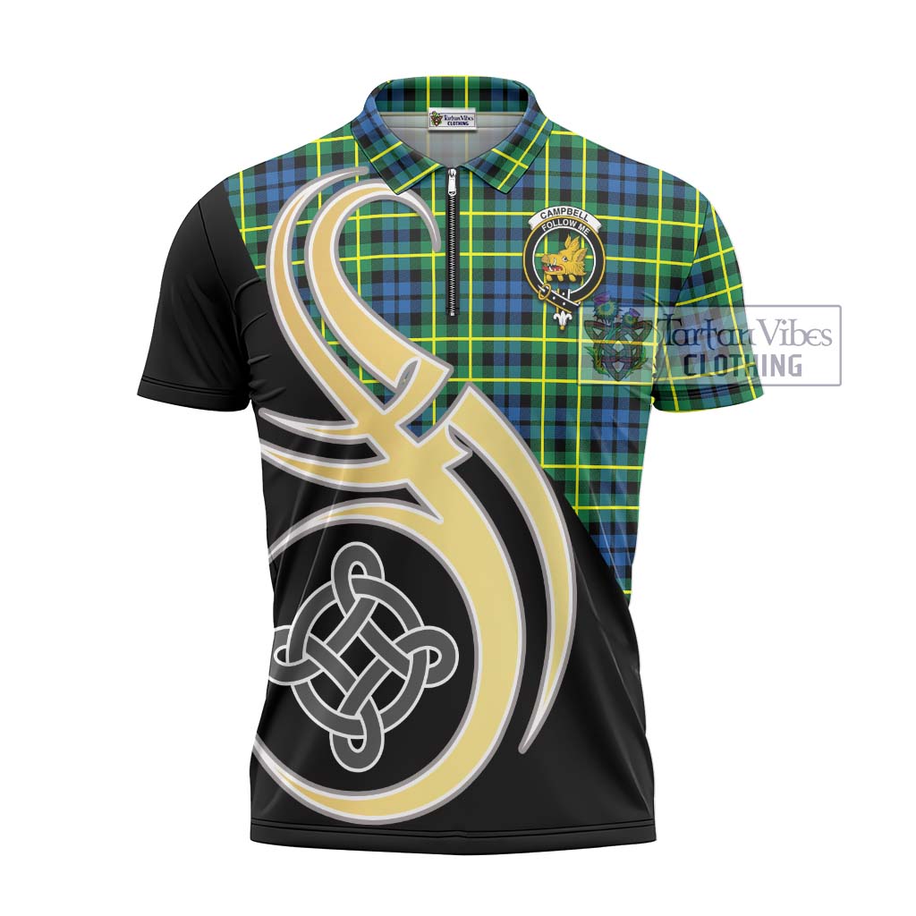 Tartan Vibes Clothing Campbell of Breadalbane Ancient Tartan Zipper Polo Shirt with Family Crest and Celtic Symbol Style