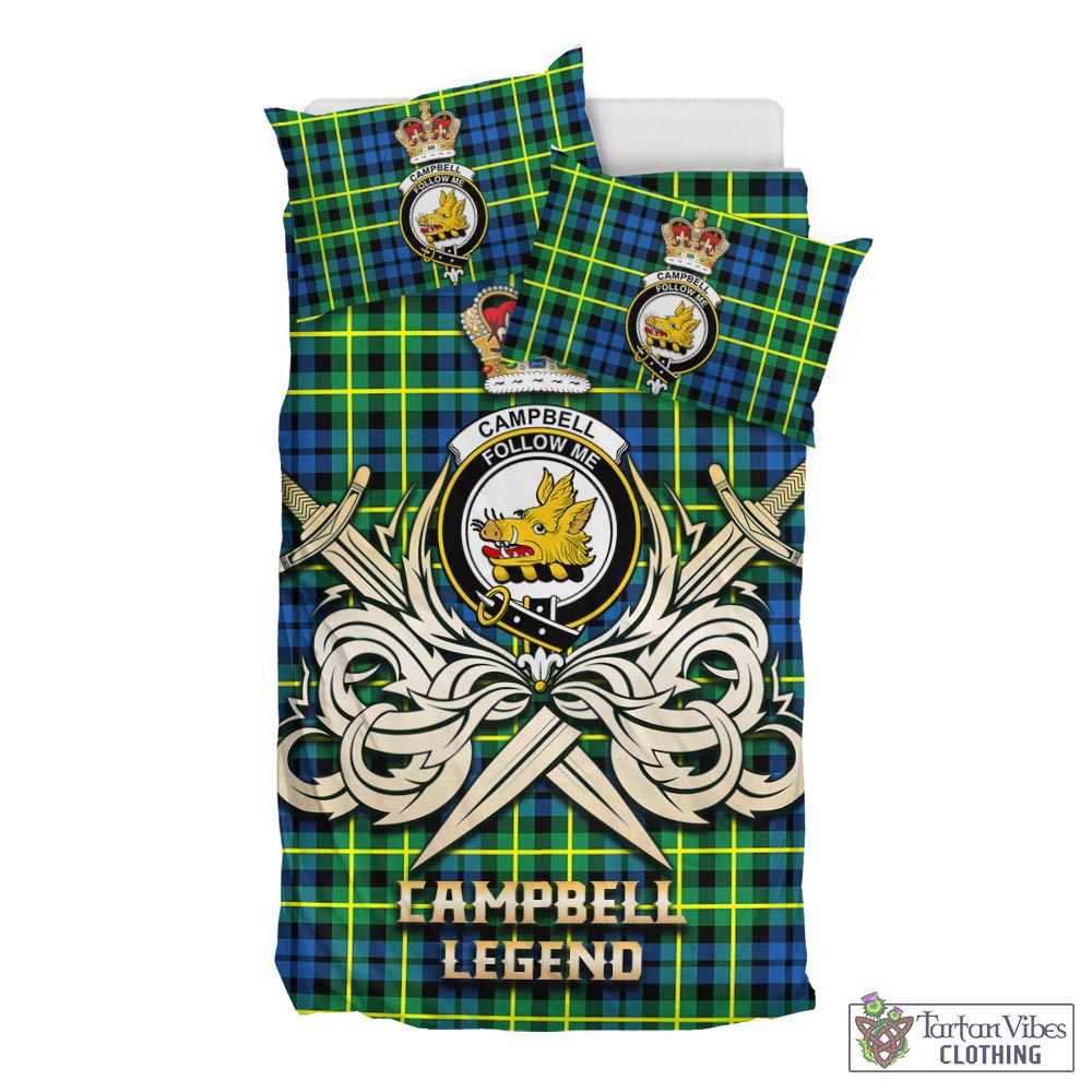 Tartan Vibes Clothing Campbell of Breadalbane Ancient Tartan Bedding Set with Clan Crest and the Golden Sword of Courageous Legacy