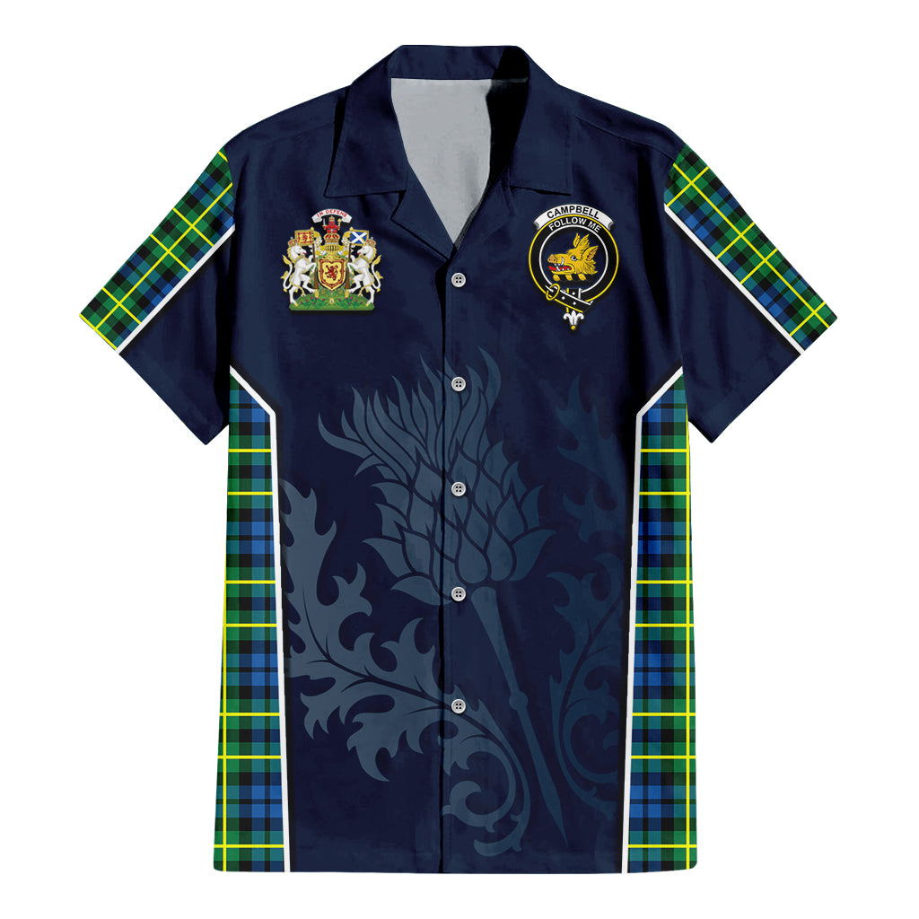 Tartan Vibes Clothing Campbell of Breadalbane Ancient Tartan Short Sleeve Button Up Shirt with Family Crest and Scottish Thistle Vibes Sport Style