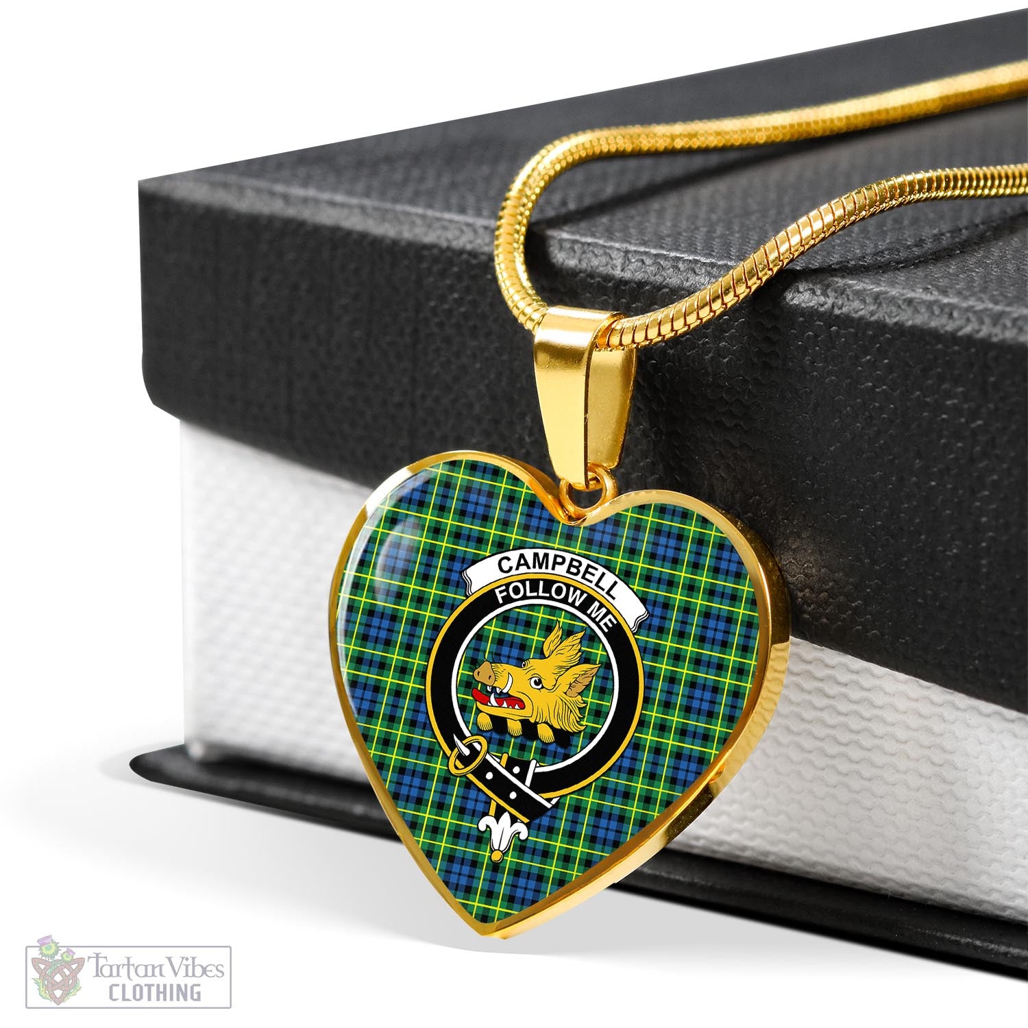 Tartan Vibes Clothing Campbell of Breadalbane Ancient Tartan Heart Necklace with Family Crest