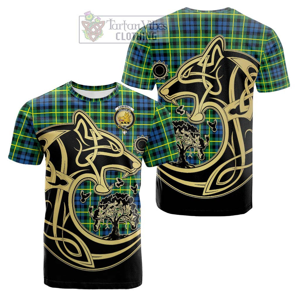 Tartan Vibes Clothing Campbell of Breadalbane Ancient Tartan Cotton T-shirt with Family Crest Celtic Wolf Style