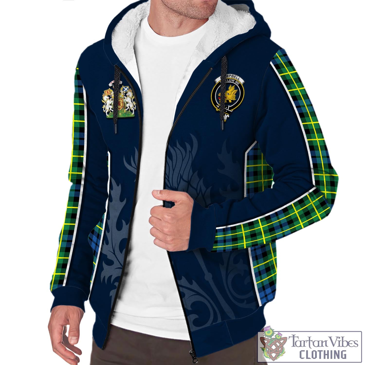 Tartan Vibes Clothing Campbell of Breadalbane Ancient Tartan Sherpa Hoodie with Family Crest and Scottish Thistle Vibes Sport Style