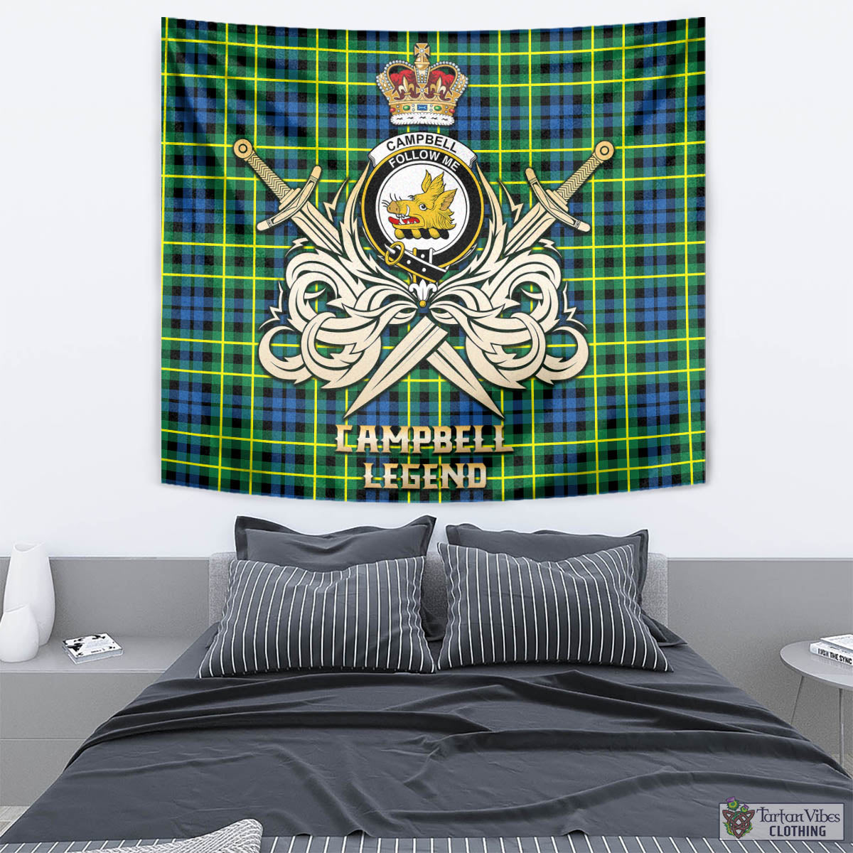 Tartan Vibes Clothing Campbell of Breadalbane Ancient Tartan Tapestry with Clan Crest and the Golden Sword of Courageous Legacy