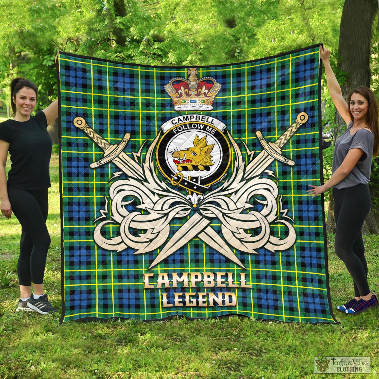 Tartan Vibes Clothing Campbell of Breadalbane Ancient Tartan Quilt with Clan Crest and the Golden Sword of Courageous Legacy