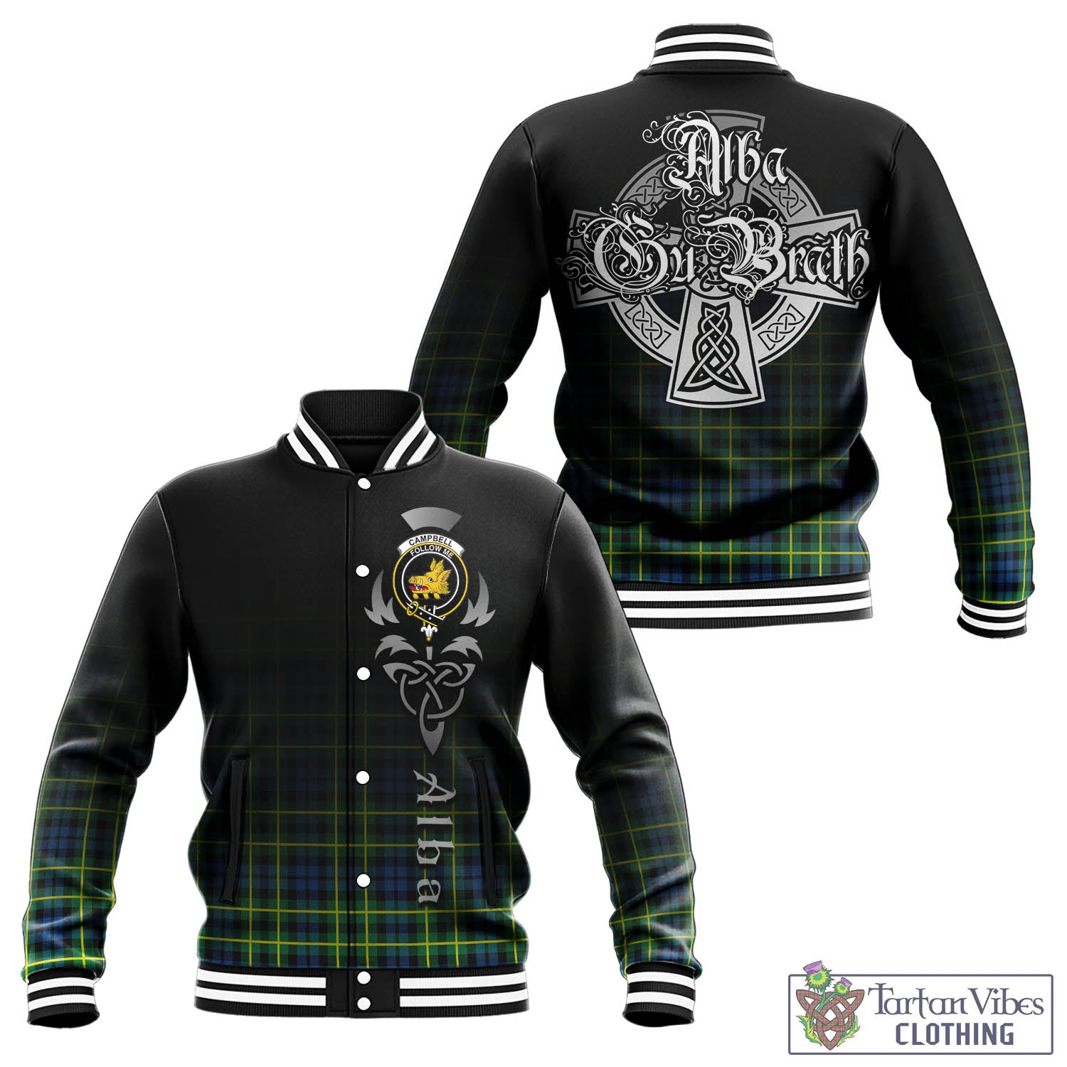 Tartan Vibes Clothing Campbell of Breadalbane Ancient Tartan Baseball Jacket Featuring Alba Gu Brath Family Crest Celtic Inspired