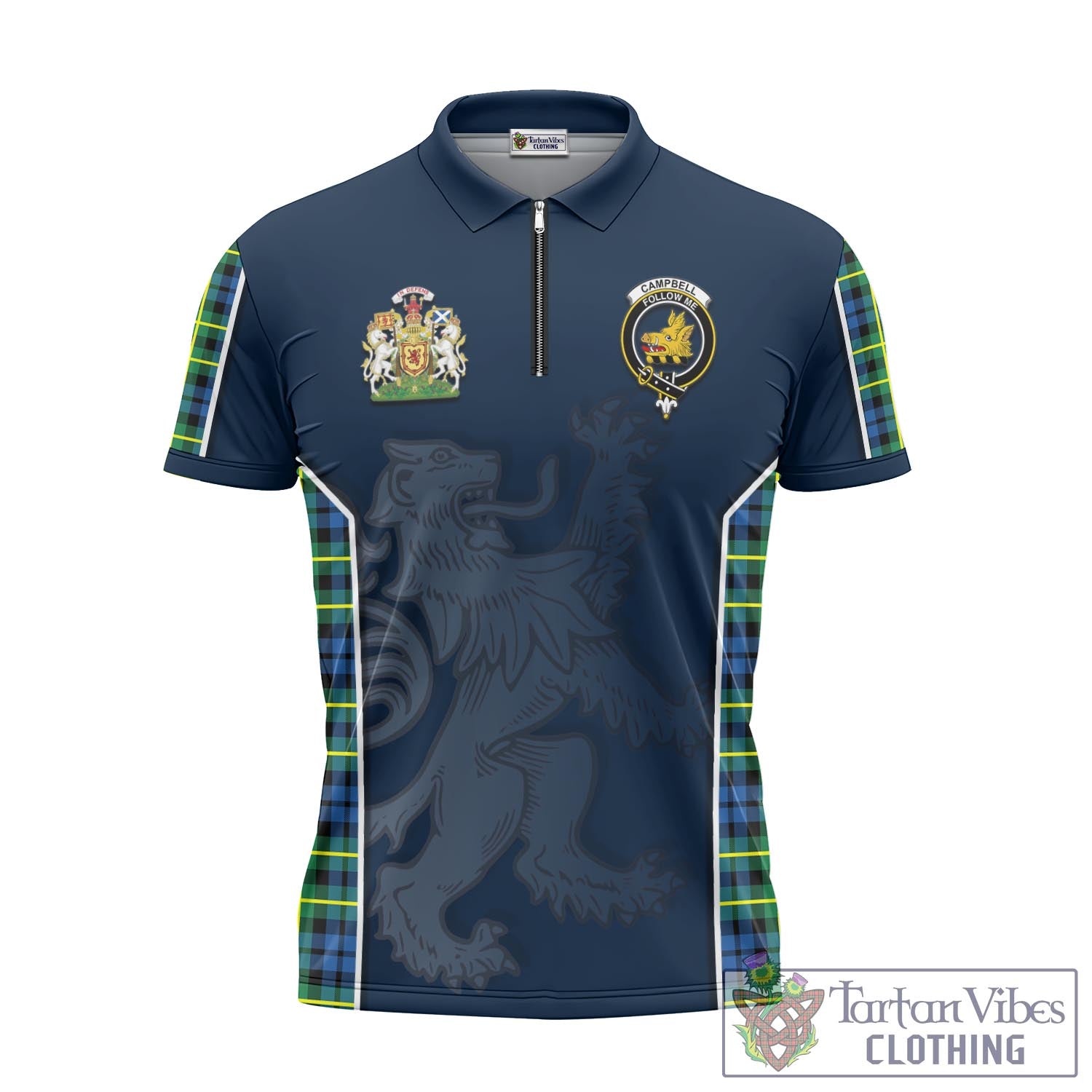 Tartan Vibes Clothing Campbell of Breadalbane Ancient Tartan Zipper Polo Shirt with Family Crest and Lion Rampant Vibes Sport Style