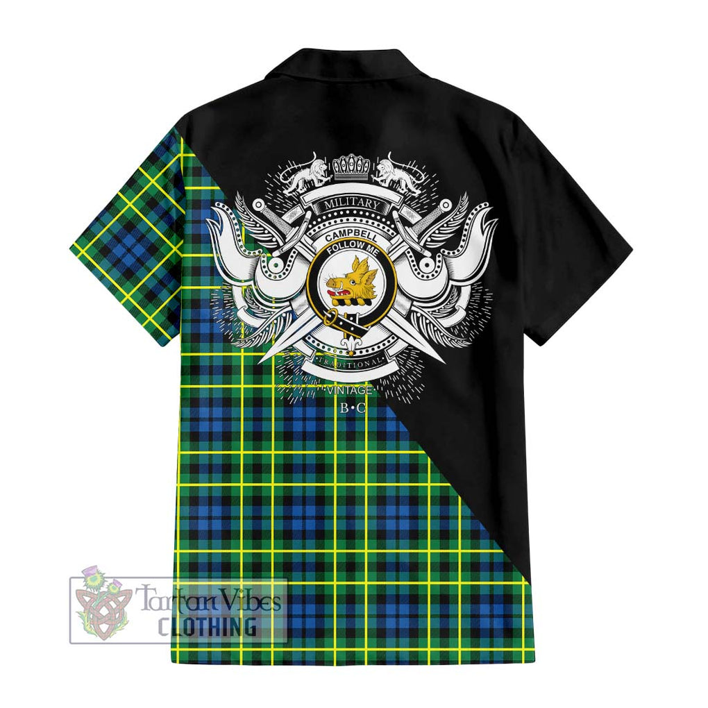 Campbell of Breadalbane Ancient Tartan Short Sleeve Button Shirt with Family Crest and Military Logo Style - Tartanvibesclothing Shop