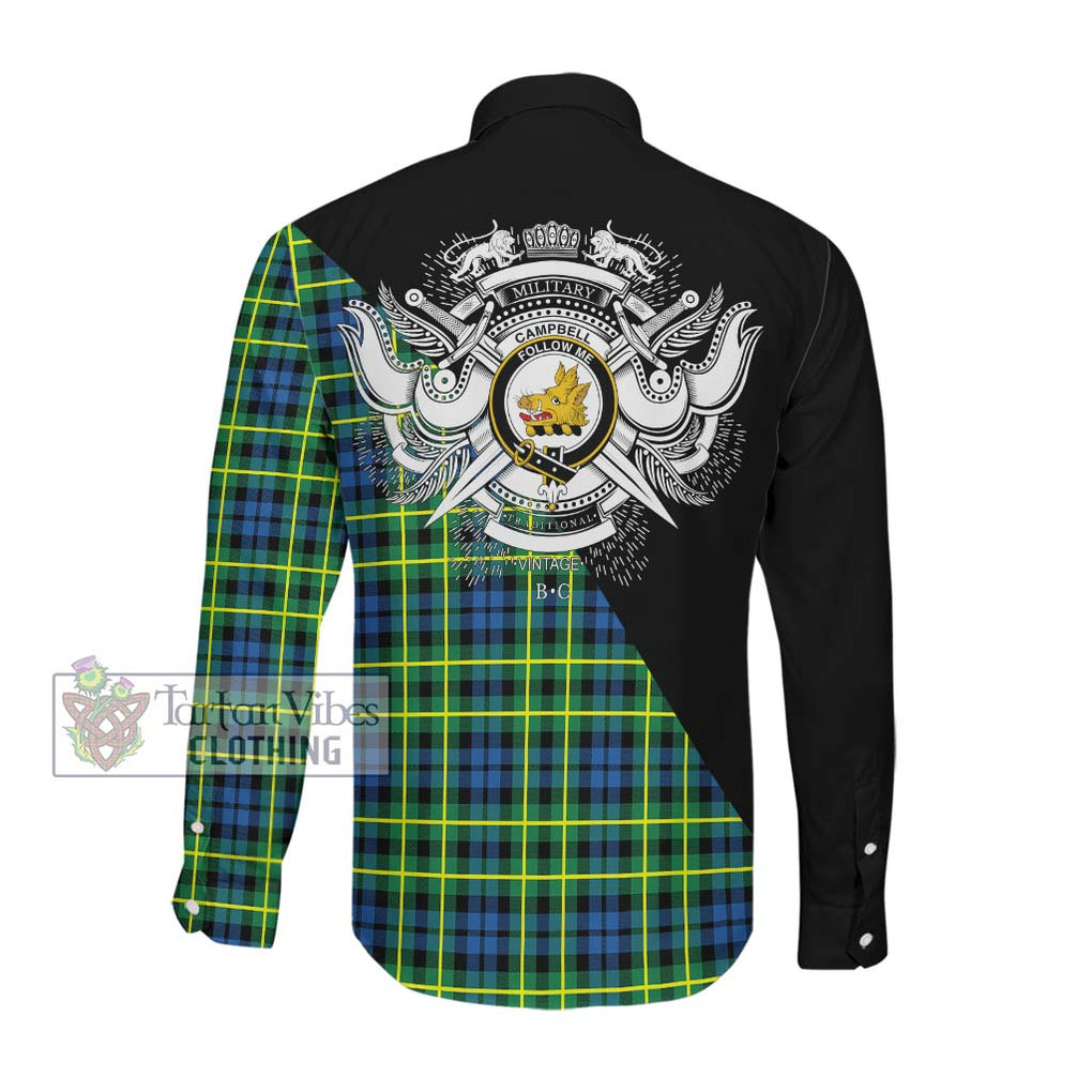 Campbell of Breadalbane Ancient Tartan Long Sleeve Button Shirt with Family Crest and Military Logo Style Men's Shirt - Tartanvibesclothing Shop