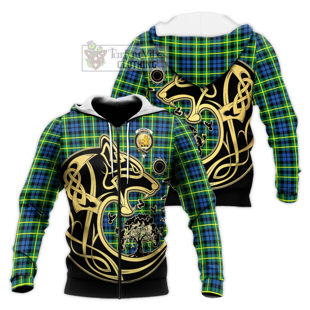 Campbell of Breadalbane Ancient Tartan Knitted Hoodie with Family Crest Celtic Wolf Style Unisex Knitted Zip Hoodie - Tartan Vibes Clothing