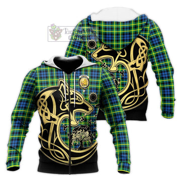 Campbell of Breadalbane Ancient Tartan Knitted Hoodie with Family Crest Celtic Wolf Style