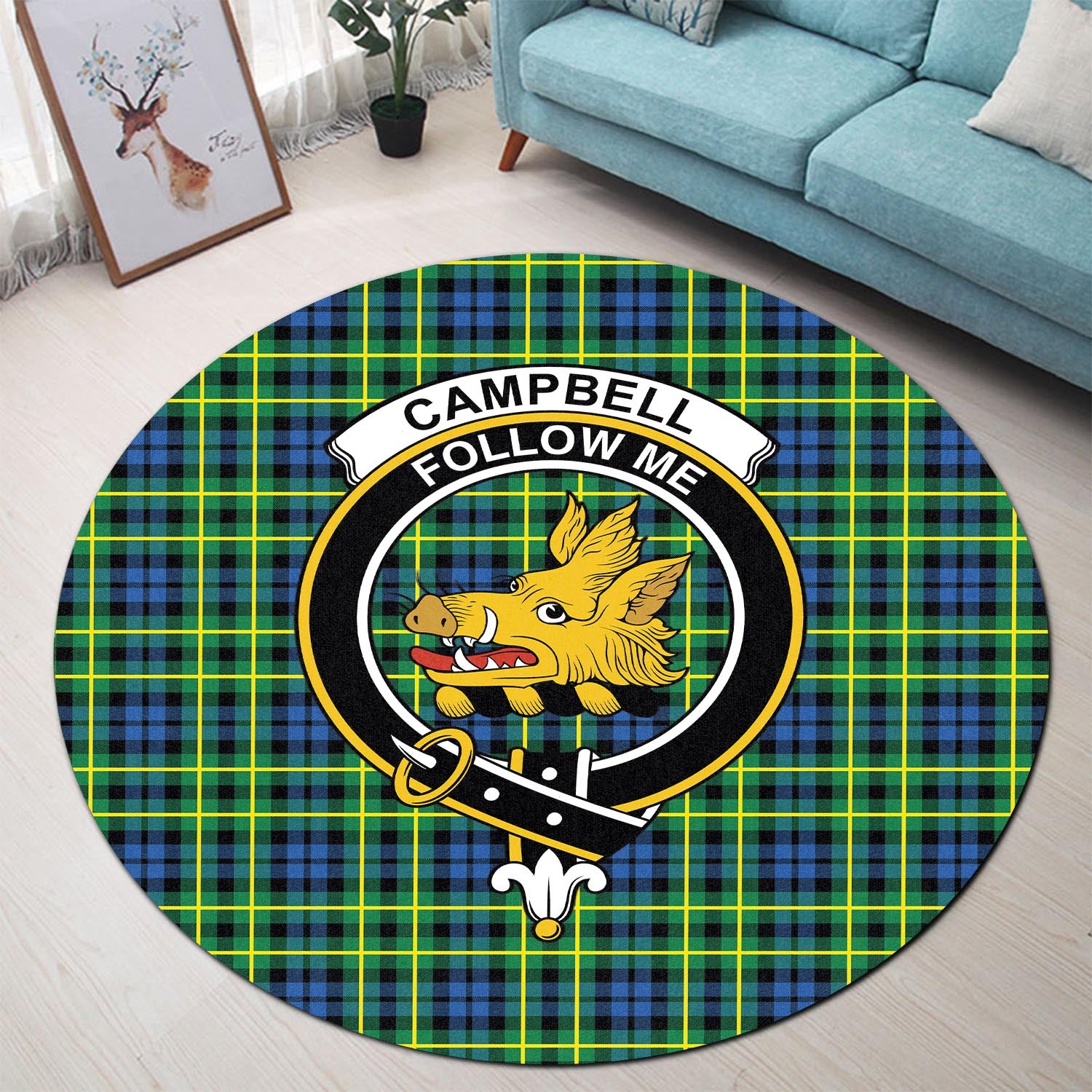 Campbell of Breadalbane Ancient Tartan Round Rug with Family Crest - Tartanvibesclothing