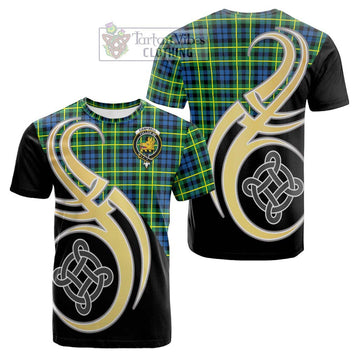 Campbell of Breadalbane Ancient Tartan Cotton T-shirt with Family Crest and Celtic Symbol Style