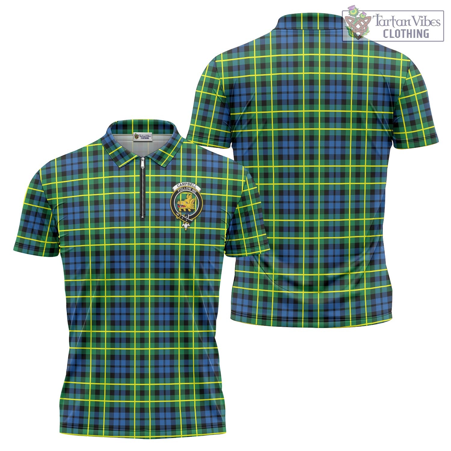 Tartan Vibes Clothing Campbell of Breadalbane Ancient Tartan Zipper Polo Shirt with Family Crest