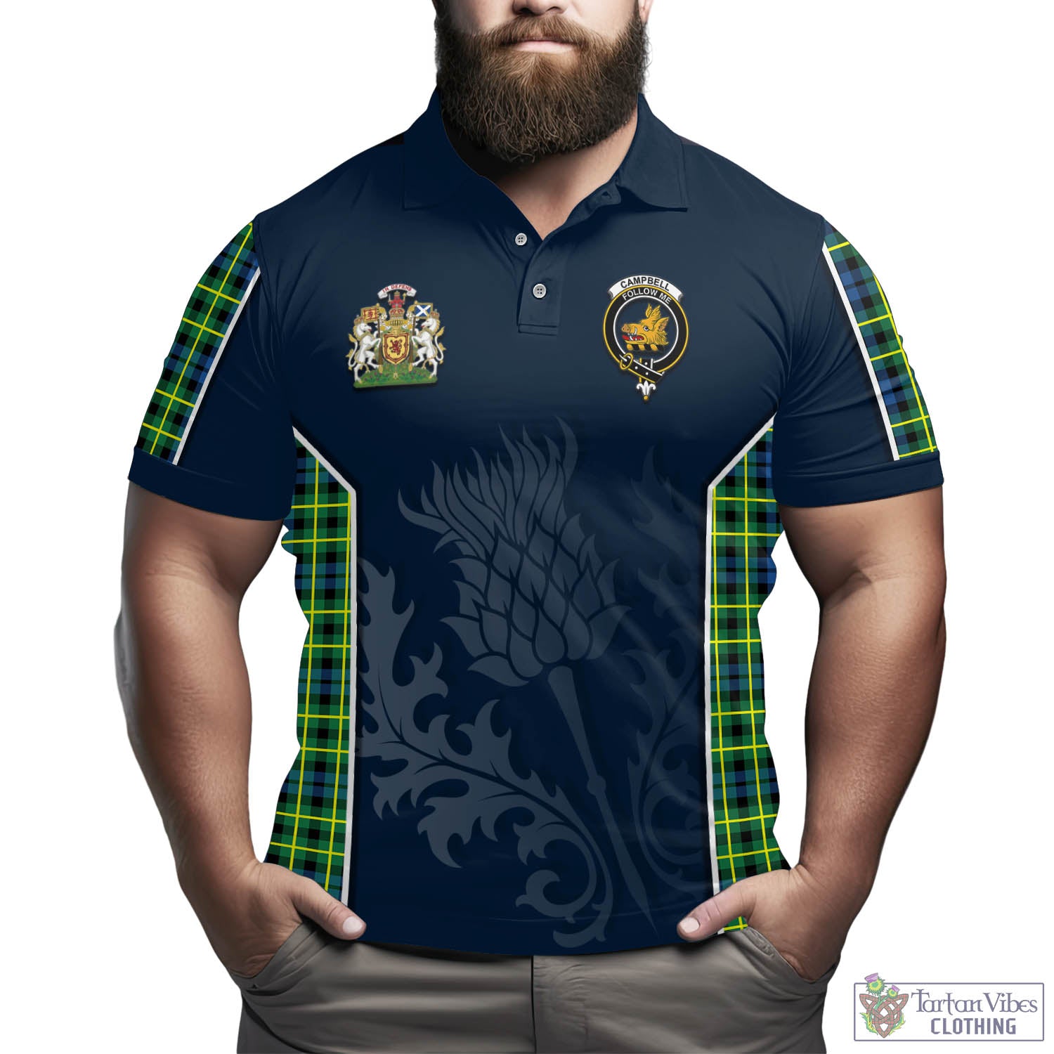 Tartan Vibes Clothing Campbell of Breadalbane Ancient Tartan Men's Polo Shirt with Family Crest and Scottish Thistle Vibes Sport Style