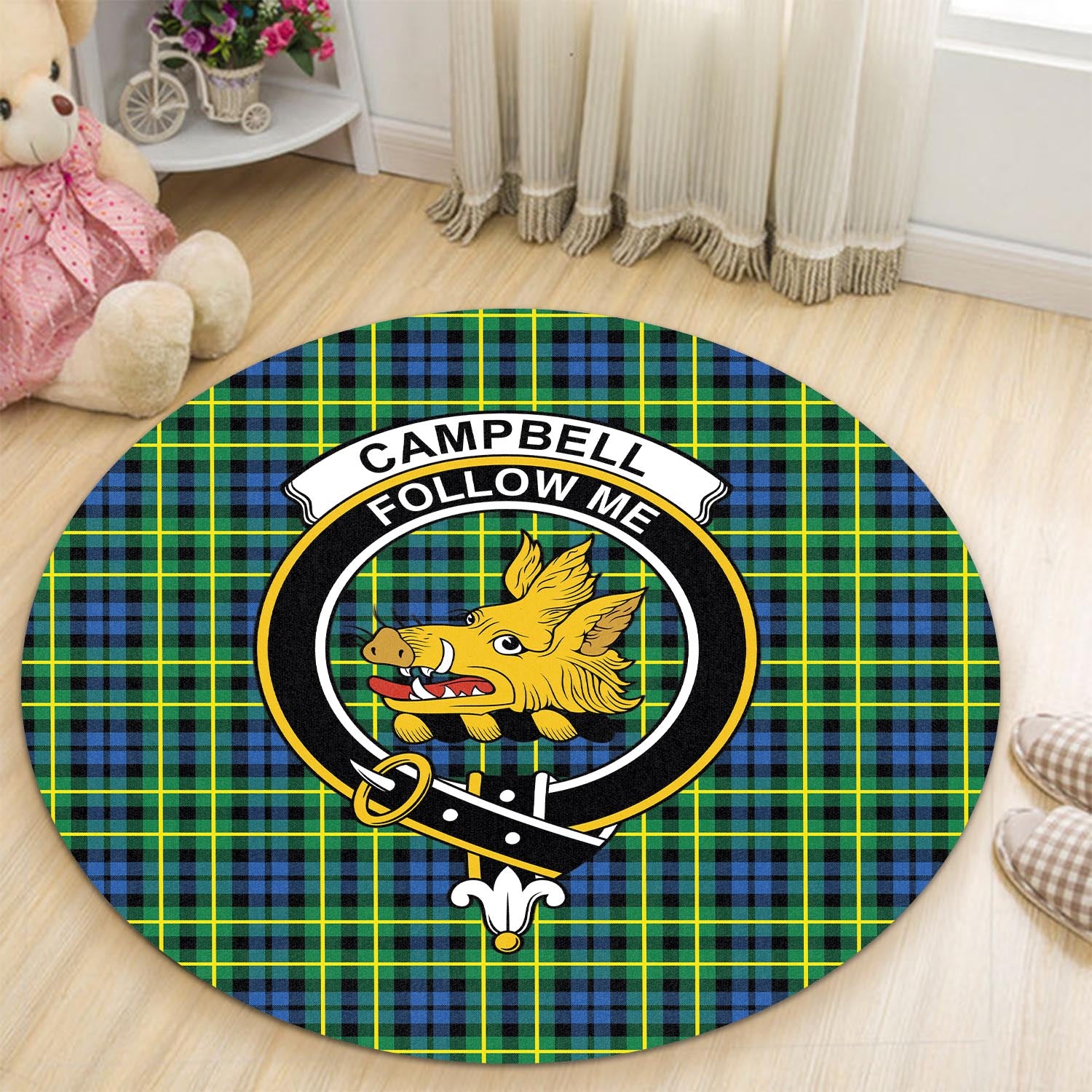 Campbell of Breadalbane Ancient Tartan Round Rug with Family Crest - Tartanvibesclothing