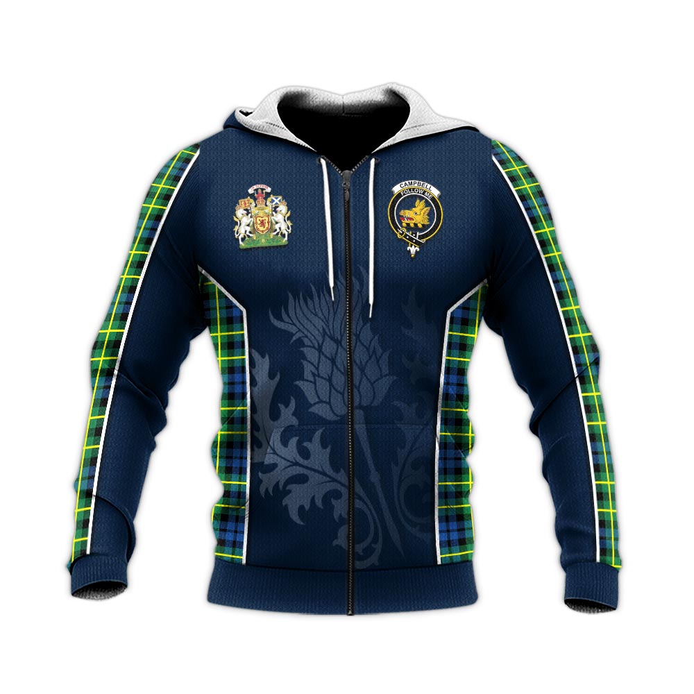 Tartan Vibes Clothing Campbell of Breadalbane Ancient Tartan Knitted Hoodie with Family Crest and Scottish Thistle Vibes Sport Style