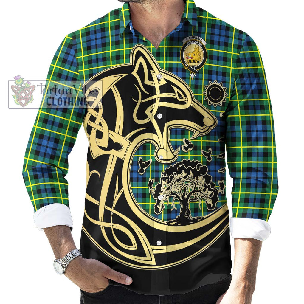 Campbell of Breadalbane Ancient Tartan Long Sleeve Button Shirt with Family Crest Celtic Wolf Style - Tartan Vibes Clothing