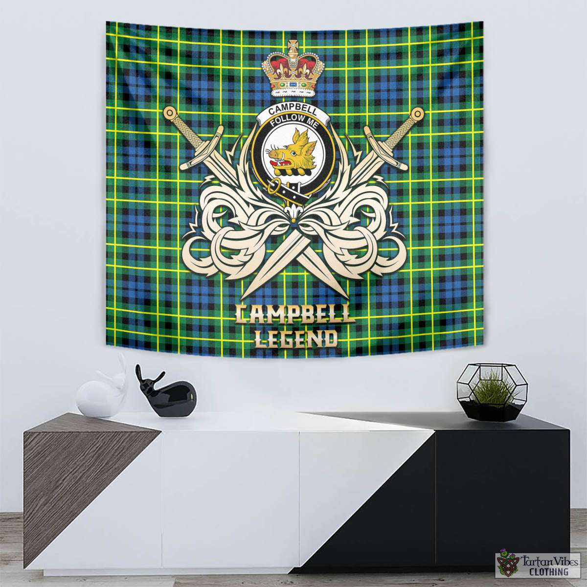 Tartan Vibes Clothing Campbell of Breadalbane Ancient Tartan Tapestry with Clan Crest and the Golden Sword of Courageous Legacy